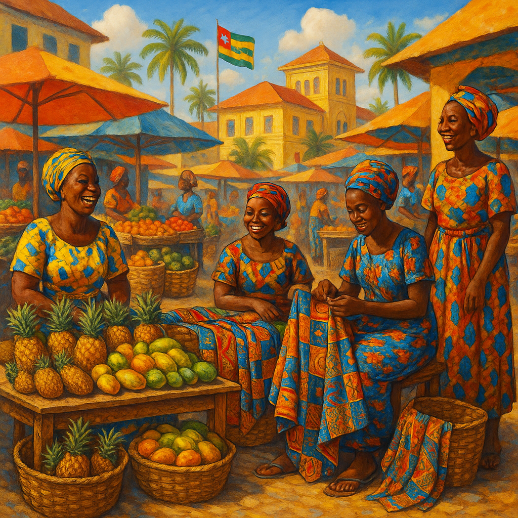 Scène d'un marché africain au Togo, illustrant la richesse de la culture locale avec des étals colorés et des artisans au travail.