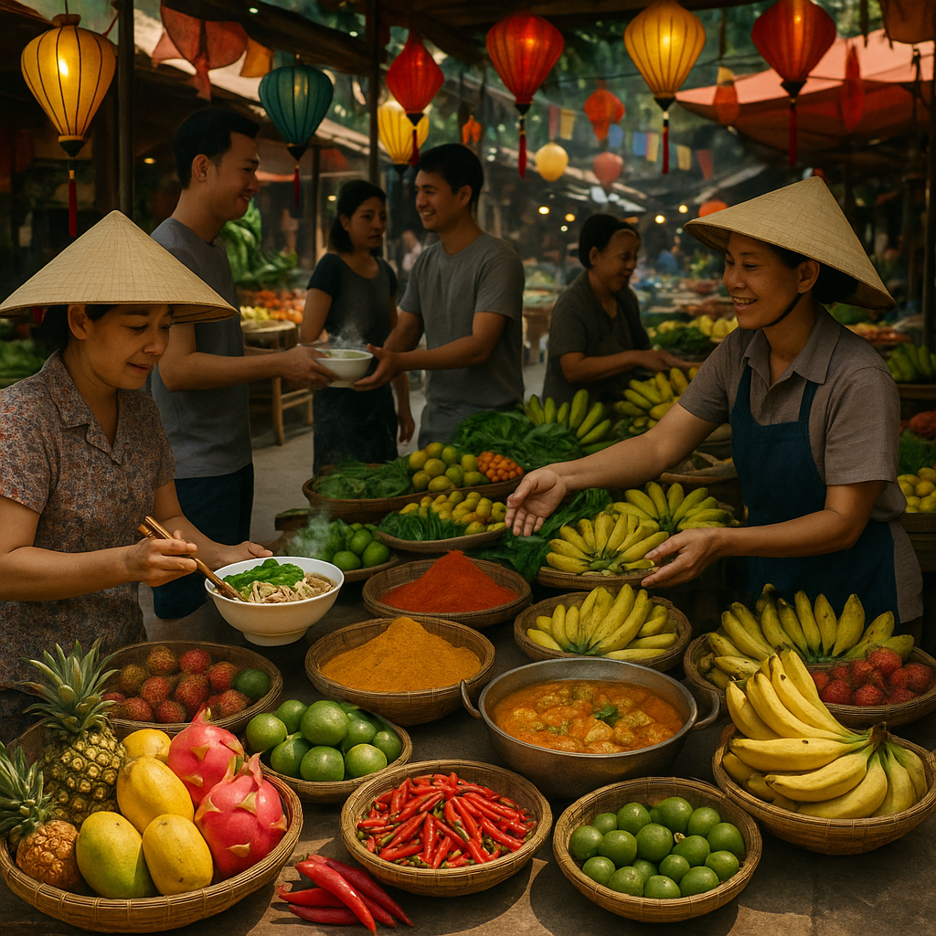 Scène animée d'un marché en Asie avec des stands de fruits et de plats typiques.