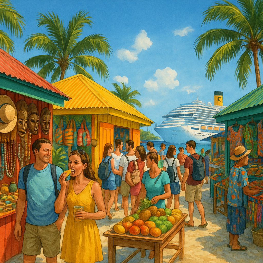 Marché en bord de mer sur une île des Caraïbes avec des touristes explorant les spécialités locales.