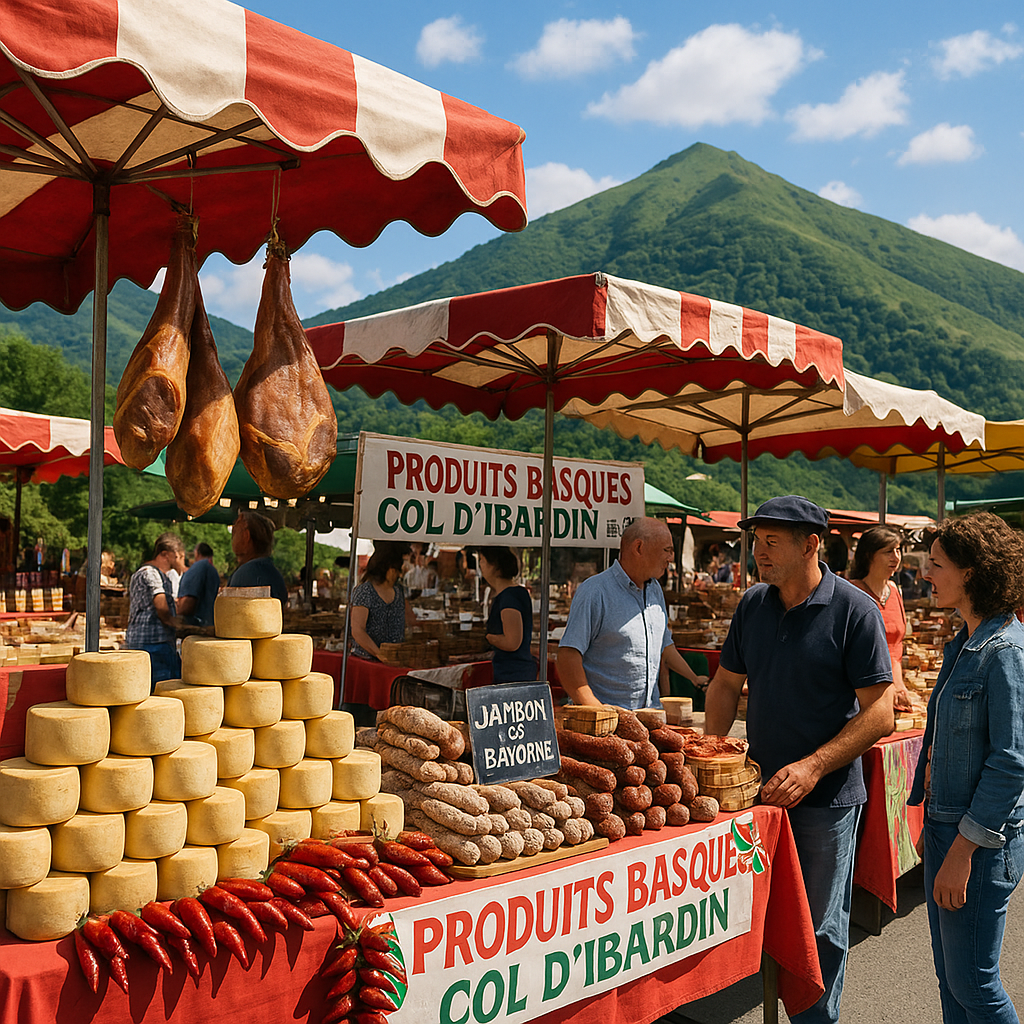 Scène de marché au Col d'Ibardin avec produits gastronomiques basques.