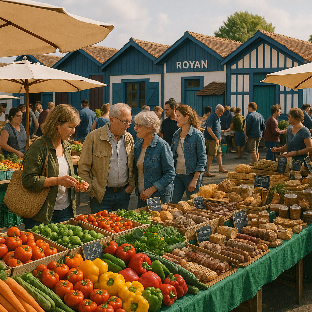 Marché local animé à Royan avec des étals colorés, produits frais, cabanes ostréicoles en arrière-plan, ambiance conviviale.