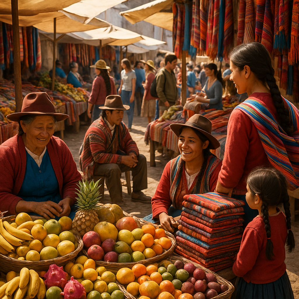 Scène d'un marché traditionnel au Pérou avec des vendeurs et des clients parmi des produits locaux.