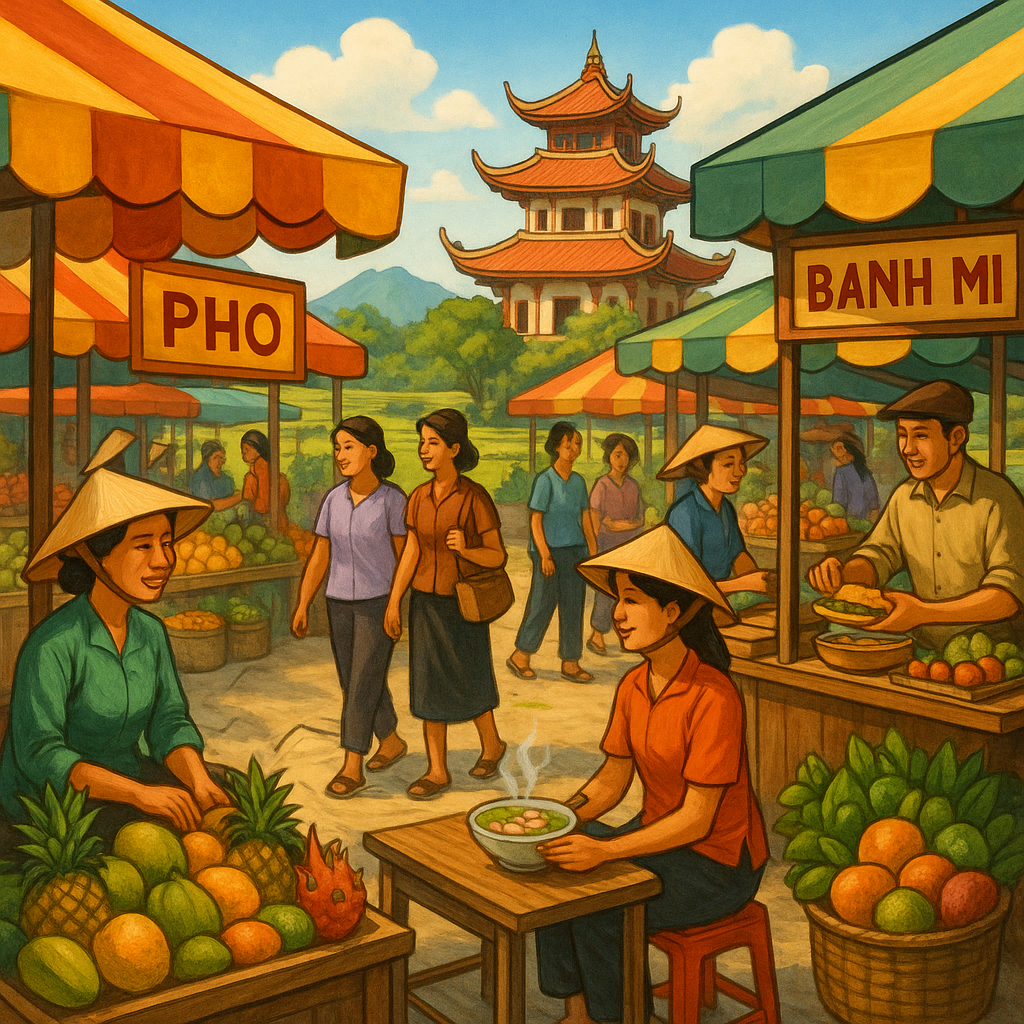 Scène d'un marché local au Viêt Nam avec des vendeurs de nourriture et une pagode en arrière-plan.