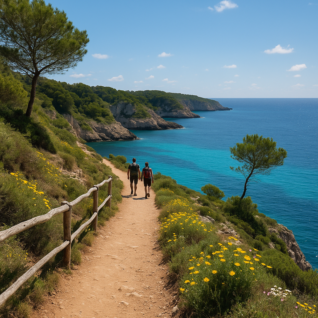 Sentier du Cami de Cavalls à Minorque avec vue sur la mer et des randonneurs.
