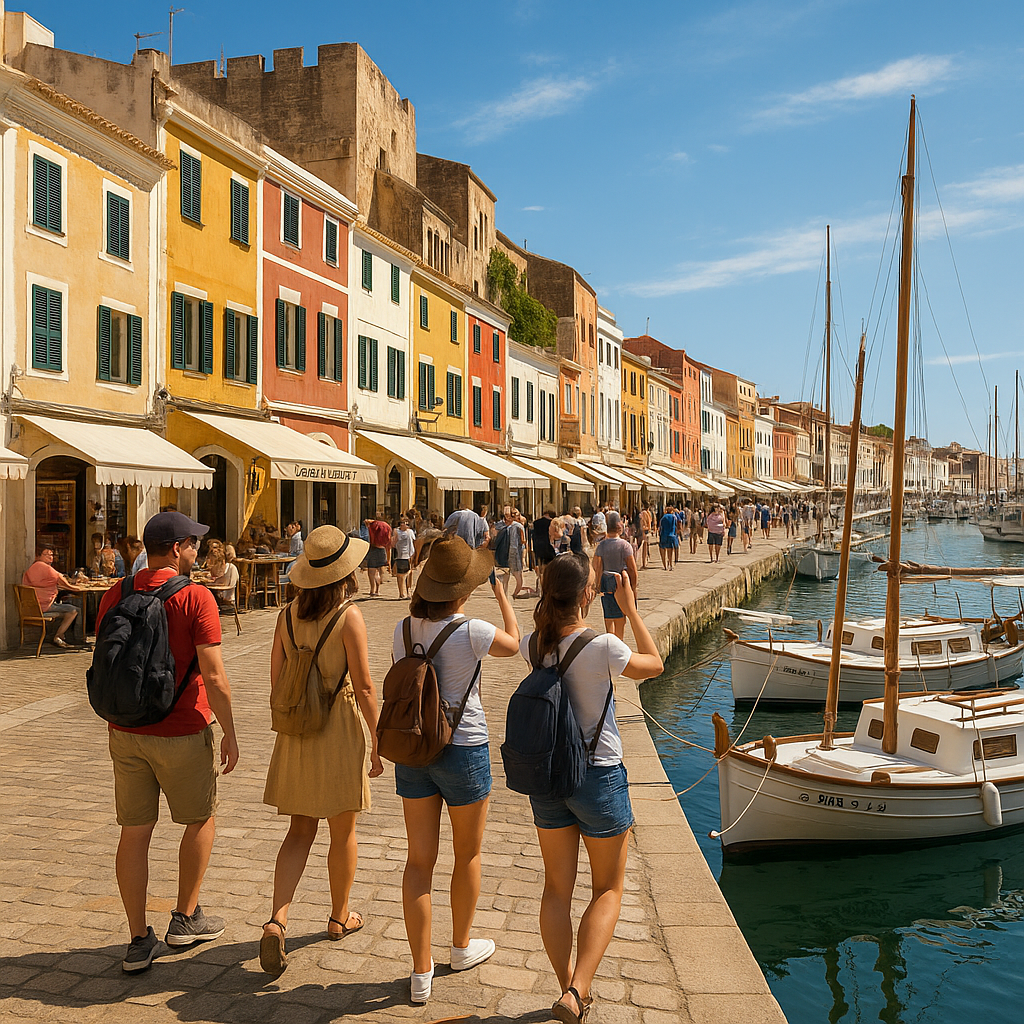 Scène animée au vieux port de Ciutadella de Menorca avec restaurants et boutiques.