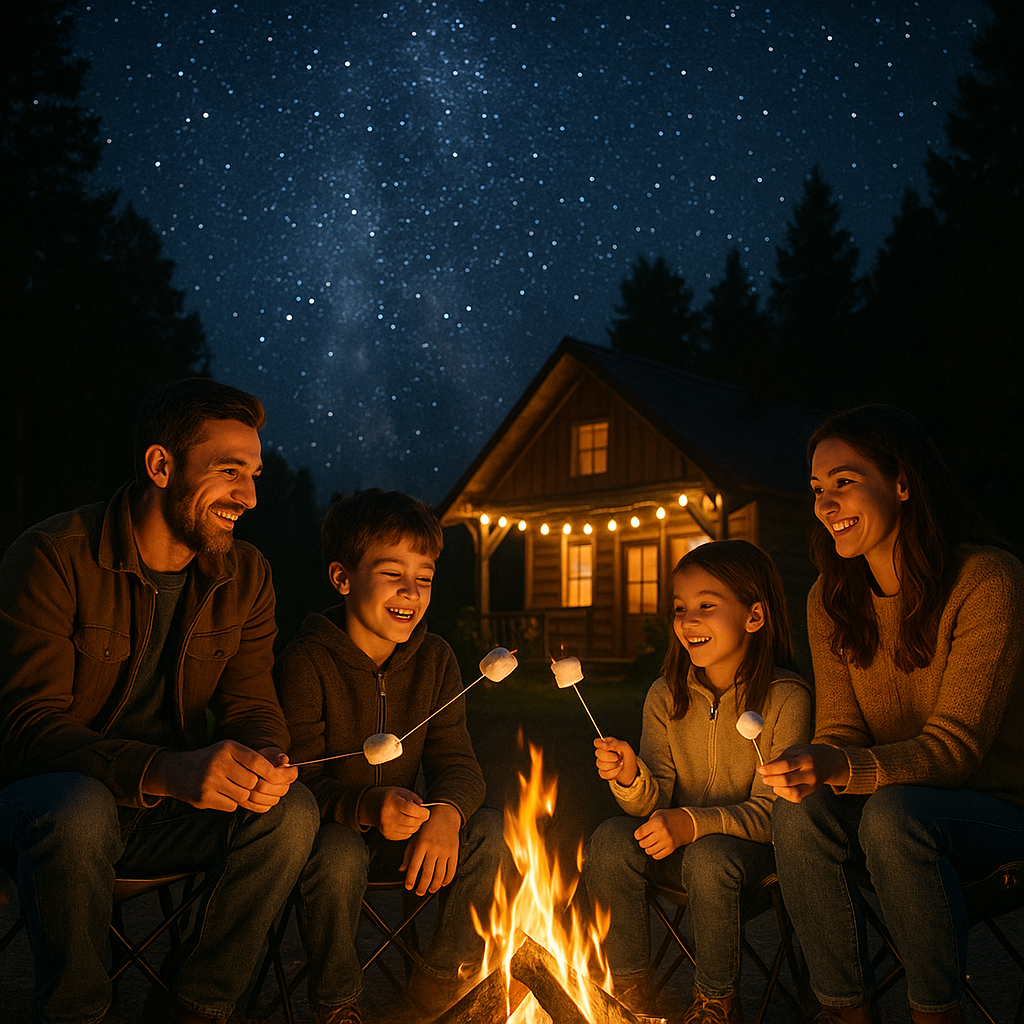 Famille réunie autour d'un feu de camp sous les étoiles, partageant des moments conviviaux en camping.