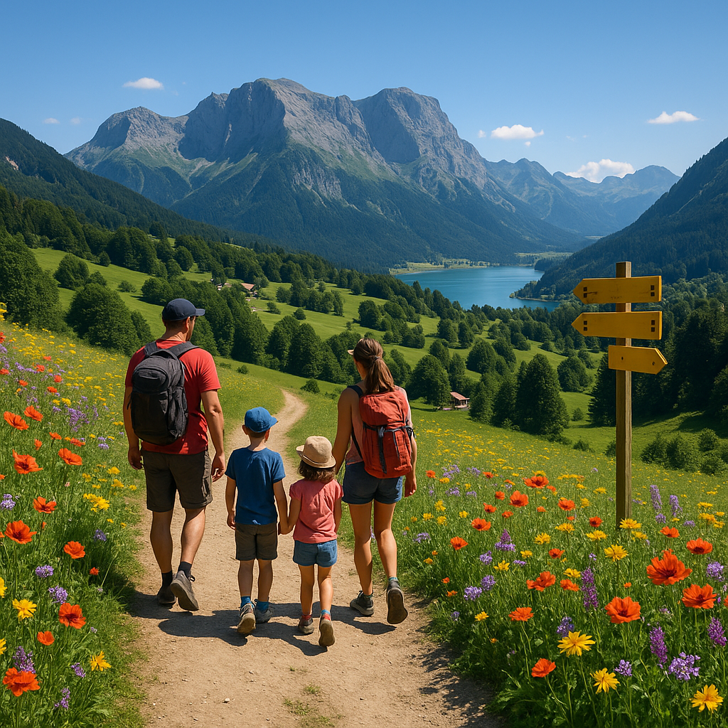 Scène estivale de randonnée à Mont-Saxonnex avec une famille sur un sentier bordé de fleurs et des montagnes en arrière-plan.