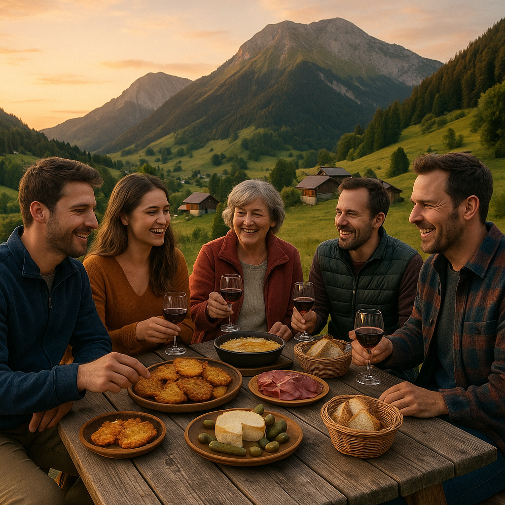 Repas convivial en extérieur à Mont-Saxonnex avec des spécialités locales sur une table en bois et des montagnes en arrière-plan.