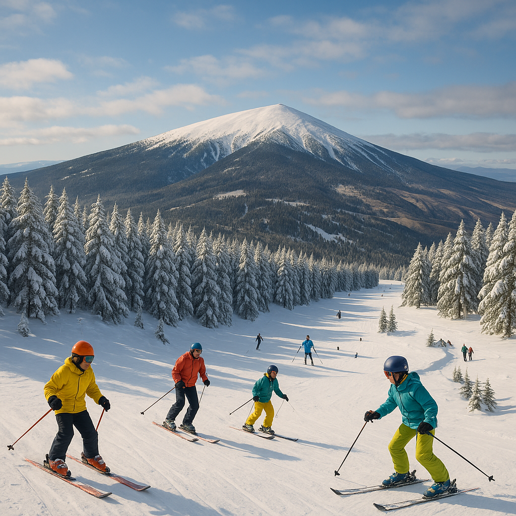 Vue panoramique de la station Mont Serein avec des skieurs sur les pistes, des sapins enneigés et le massif du Ventoux en arrière-plan.