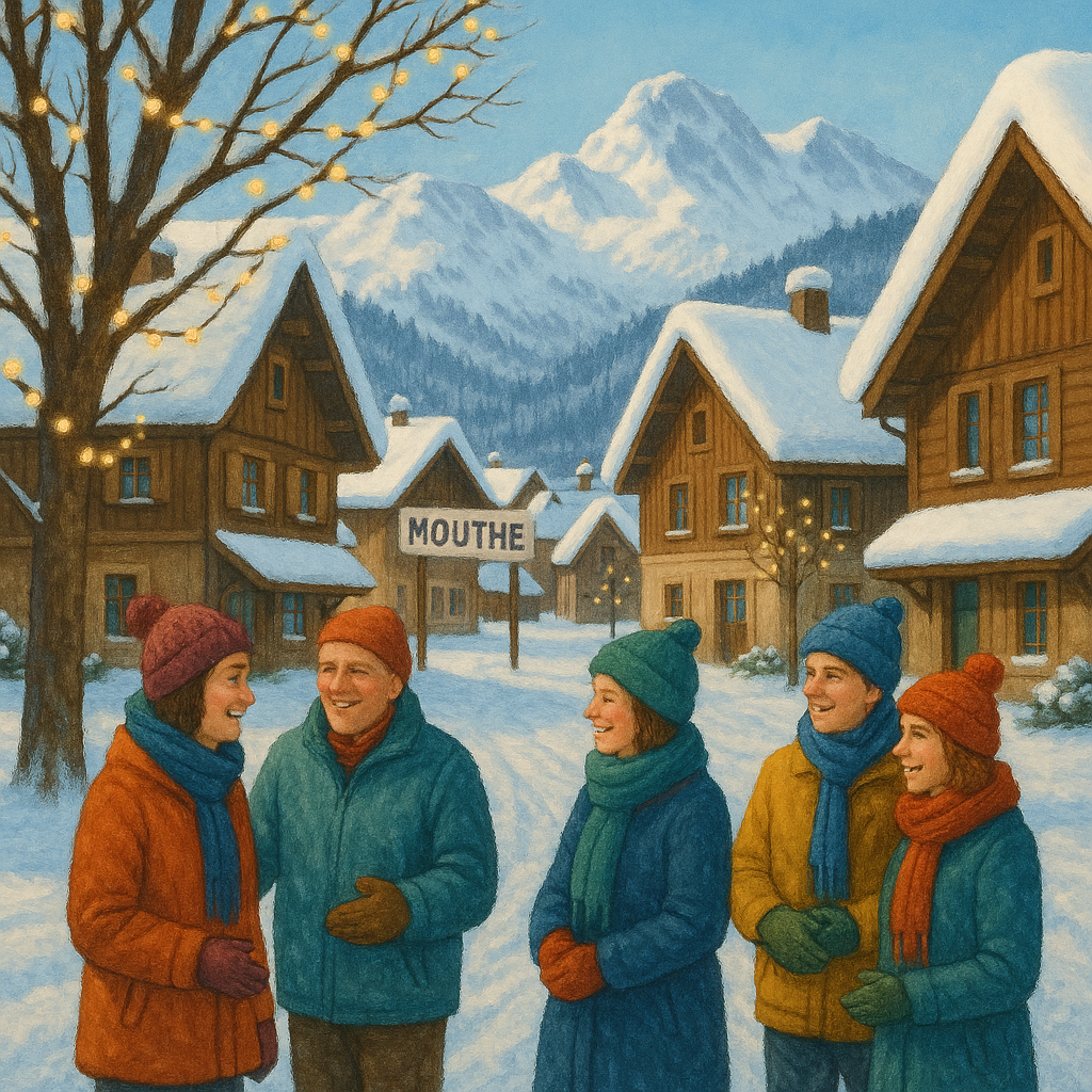 Rue enneigée de Mouthe avec des maisons en bois et des habitants en hiver.