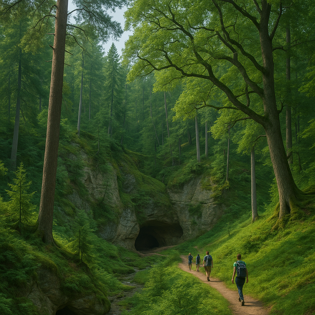ScĂšne de nature dans le parc national de Gauja en Lettonie montrant des paysages verdoyants et des randonneurs.