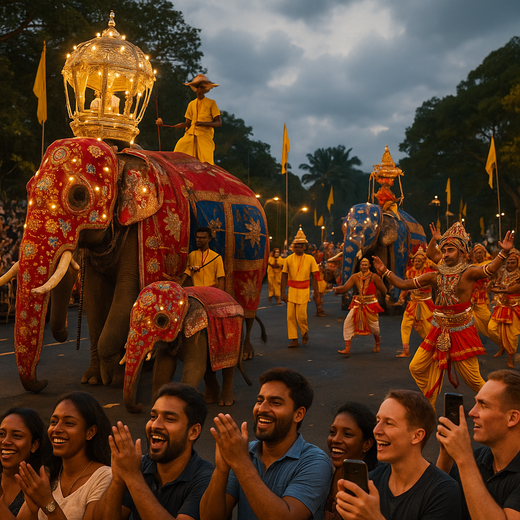 Festival Navam Perahera à Colombo, Sri Lanka, avec éléphants décorés et danseurs traditionnels.
