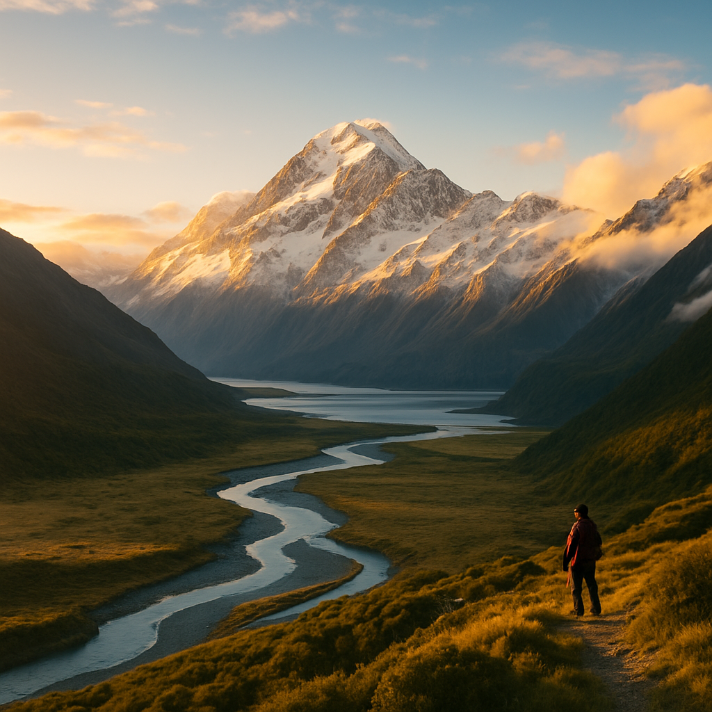 Mont Cook en Nouvelle-Zélande avec rivières et fjords au lever du soleil