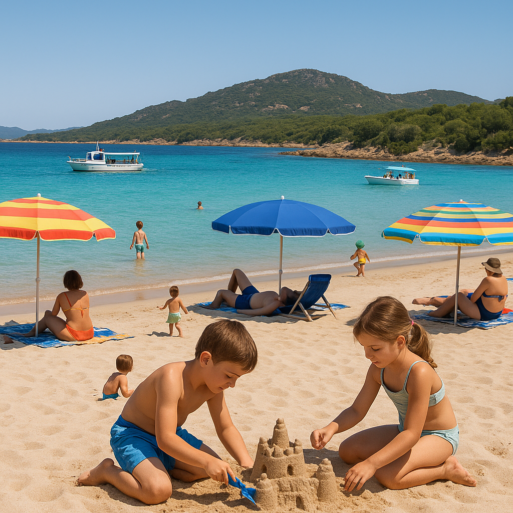 Plage de Porto Istana à Olbia en Sardaigne avec des familles profitant du soleil et de l'eau turquoise