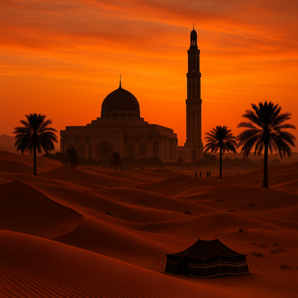 Scène de paysages d'Oman avec dunes de sable et la Grande Mosquée du Sultan Qaboos au coucher du soleil.