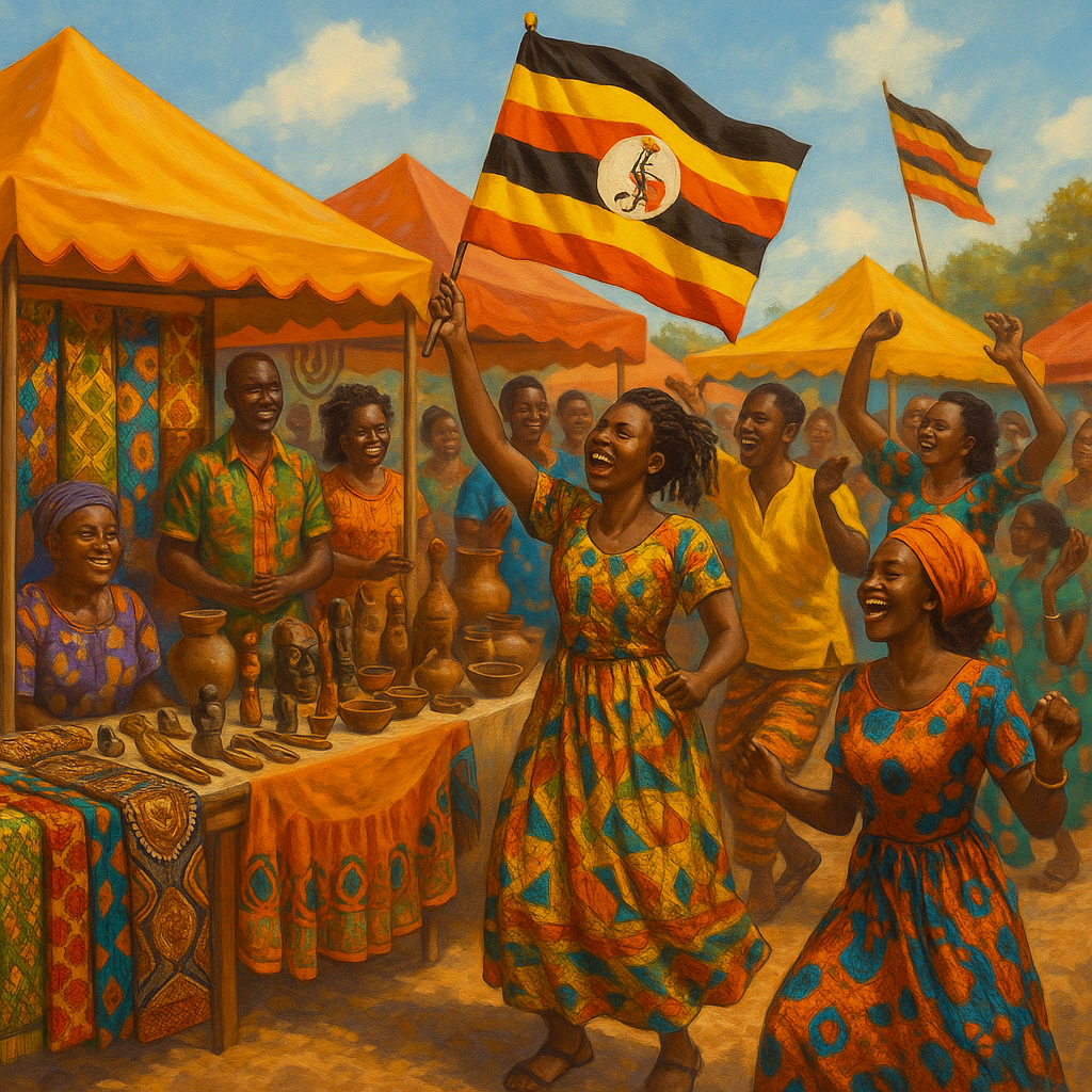 Marché traditionnel en Ouganda lors d'un festival culturel, avec artisans et danseurs en vêtements traditionnels.