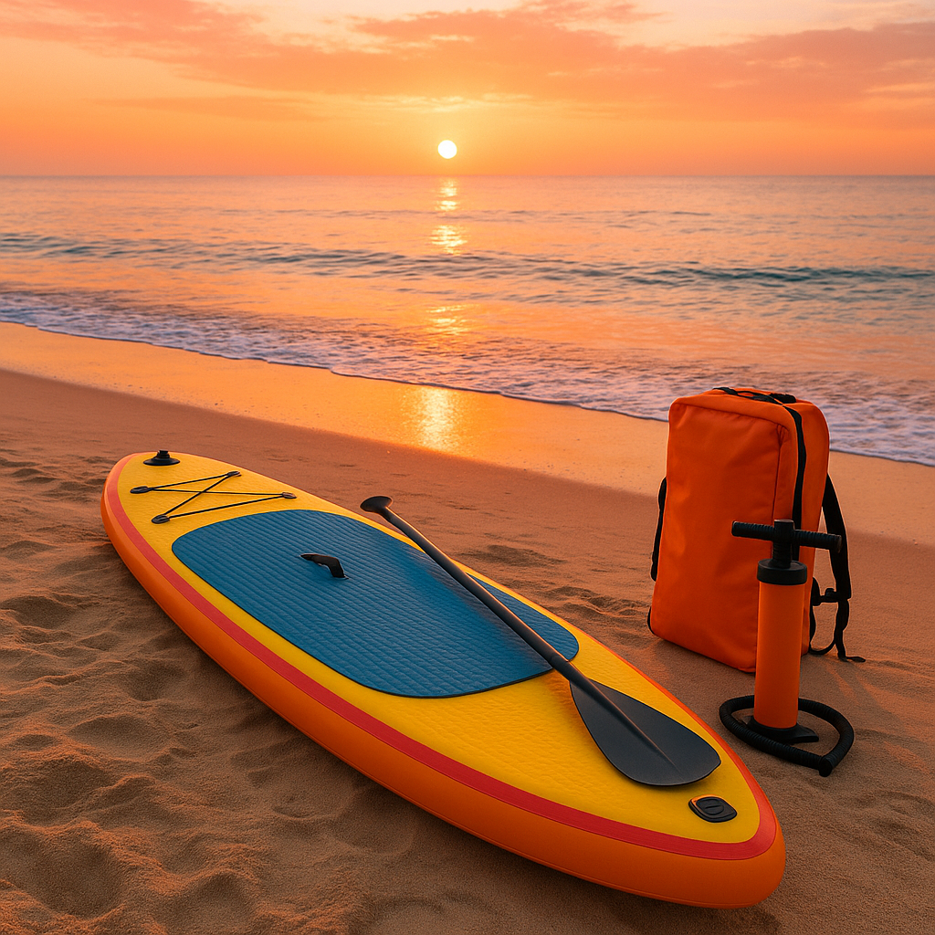 Paddle gonflable sur la plage au lever du soleil avec des accessoires de paddle.
