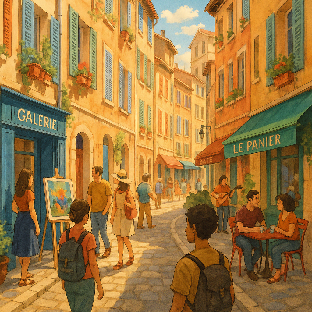 Scène animée du quartier du Panier à Marseille avec ruelles colorées et terrasses de cafés.