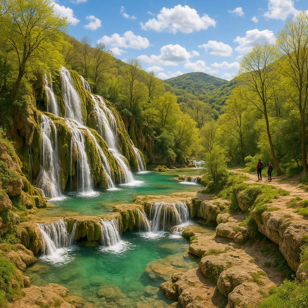 Panorama des cascades de Roquefort-les-Cascades avec des bassins turquoise et une végétation colorée.