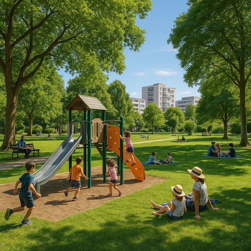 Le parc de la Mairie à Joué-lès-Tours avec des enfants jouant et des familles se relaxant dans un environnement verdoyant.