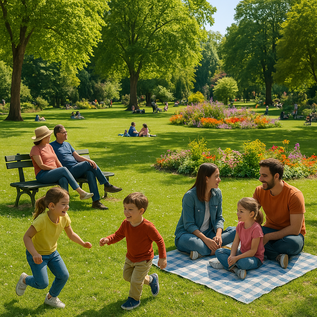Scène de loisirs en famille au Parc de la Préfecture à Tours avec des enfants jouant et des amis pique-niquant.