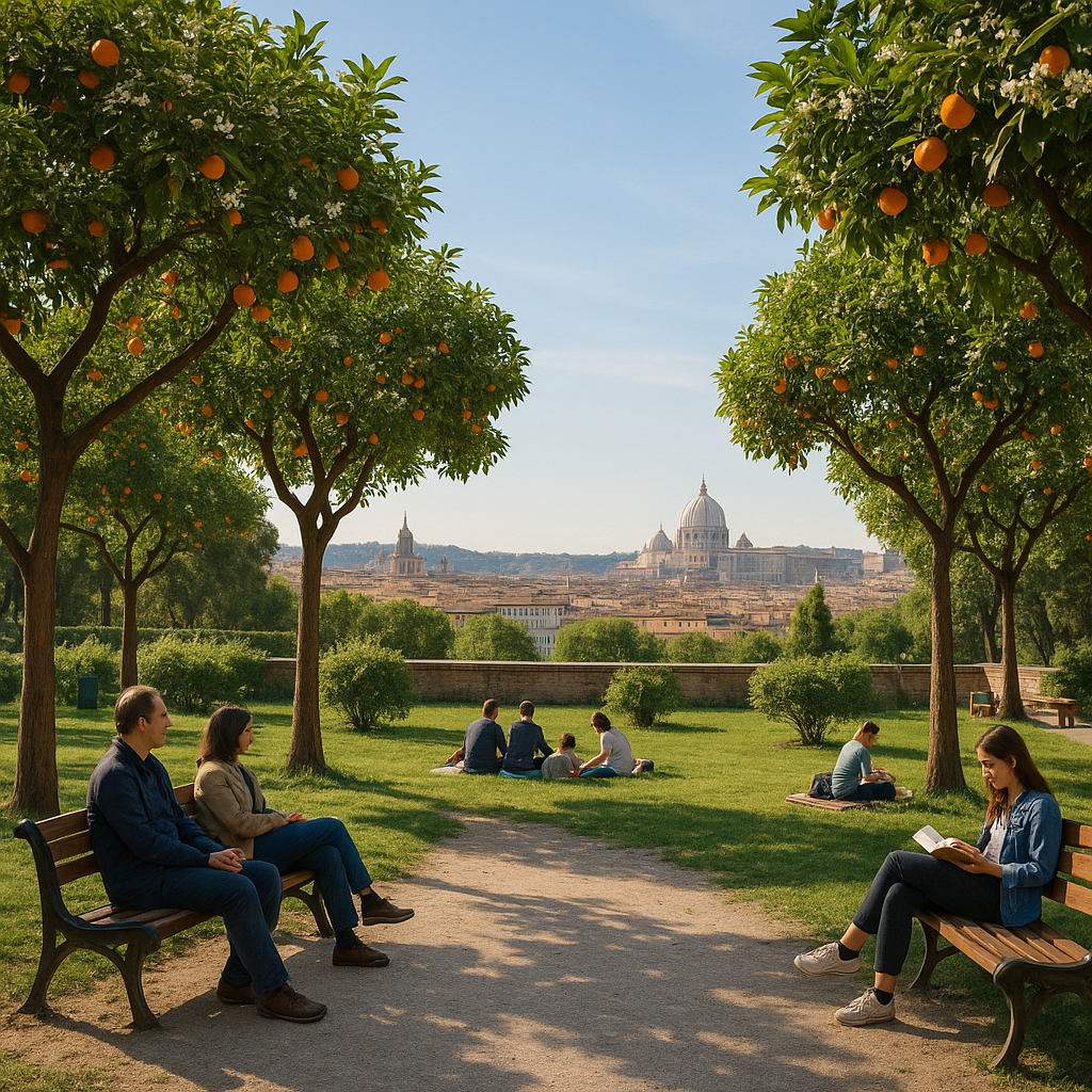 Scène tranquille au Parc Savello à Rome, avec des visiteurs admirant la vue sur la ville et des orangers en fleurs