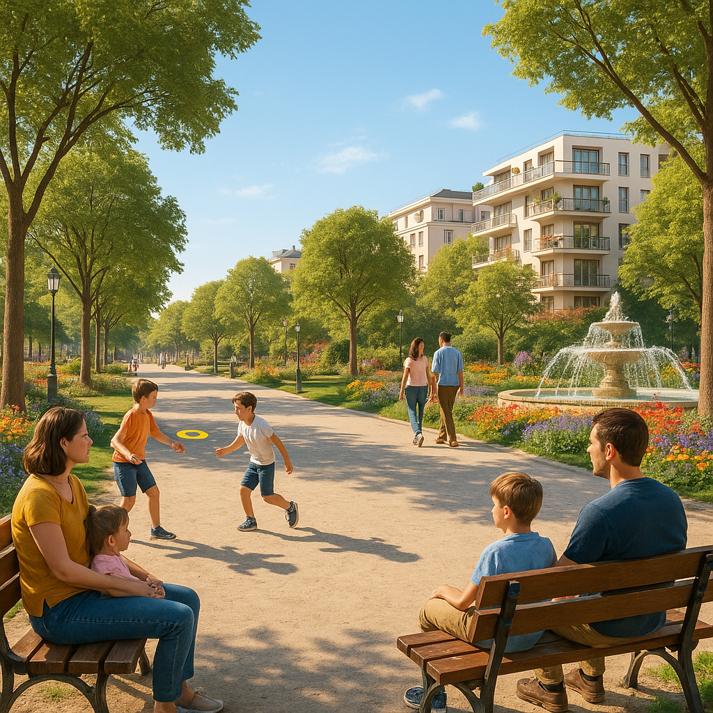 Vue d'un parc urbain d'une ville française en 2024, illustrant la sérénité et la qualité de vie.