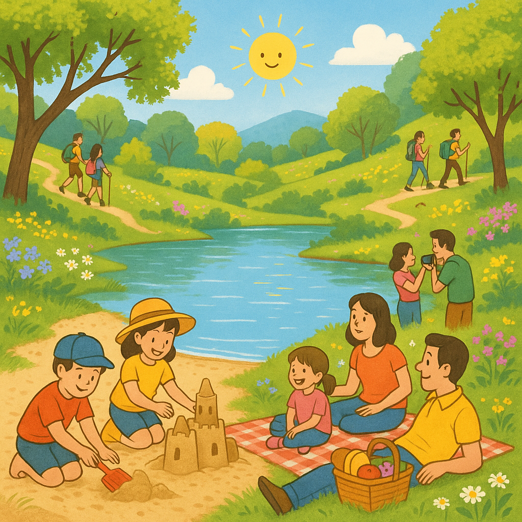 Scène de parc naturel ensoleillé avec des familles profitant de la nature au mois d'avril.