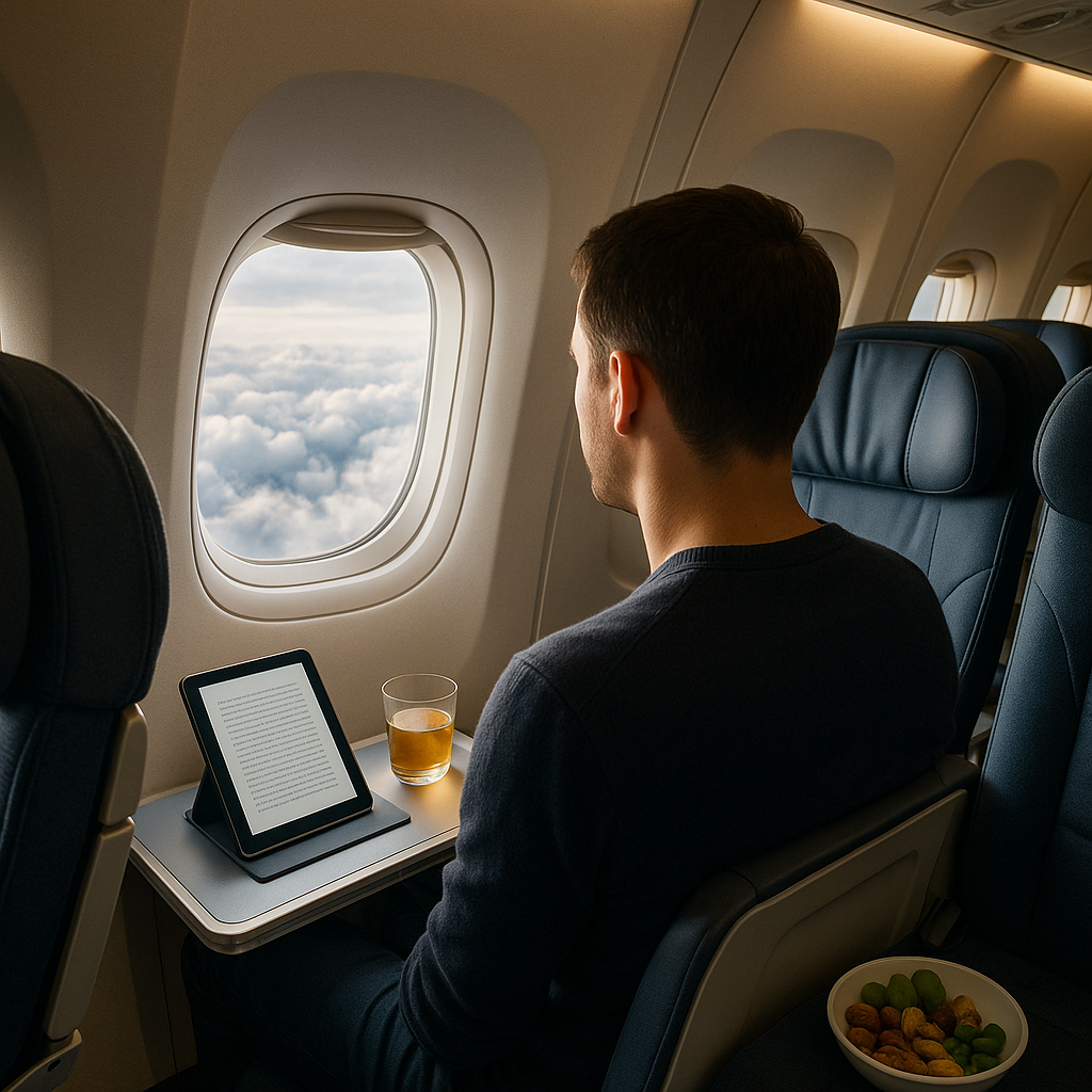 Passager regardant par le hublot d'un avion pendant un vol entre Hong Kong et Paris, avec un livre électronique et des collations.