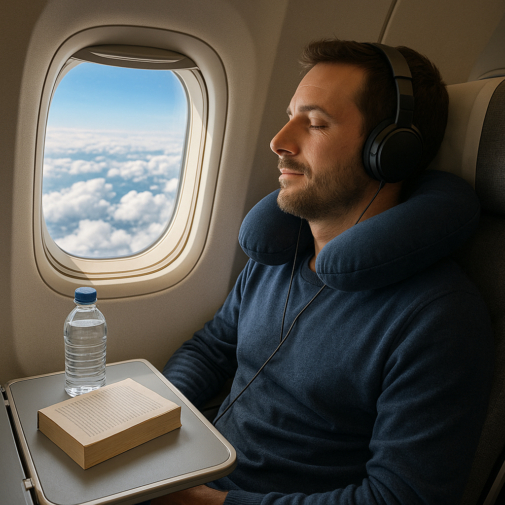 Un passager dans un avion regardant par le hublot pendant un vol vers La Réunion.