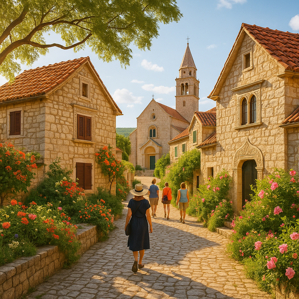 Vue du patrimoine architectural de Pristeg avec maisons traditionnelles et jardins.