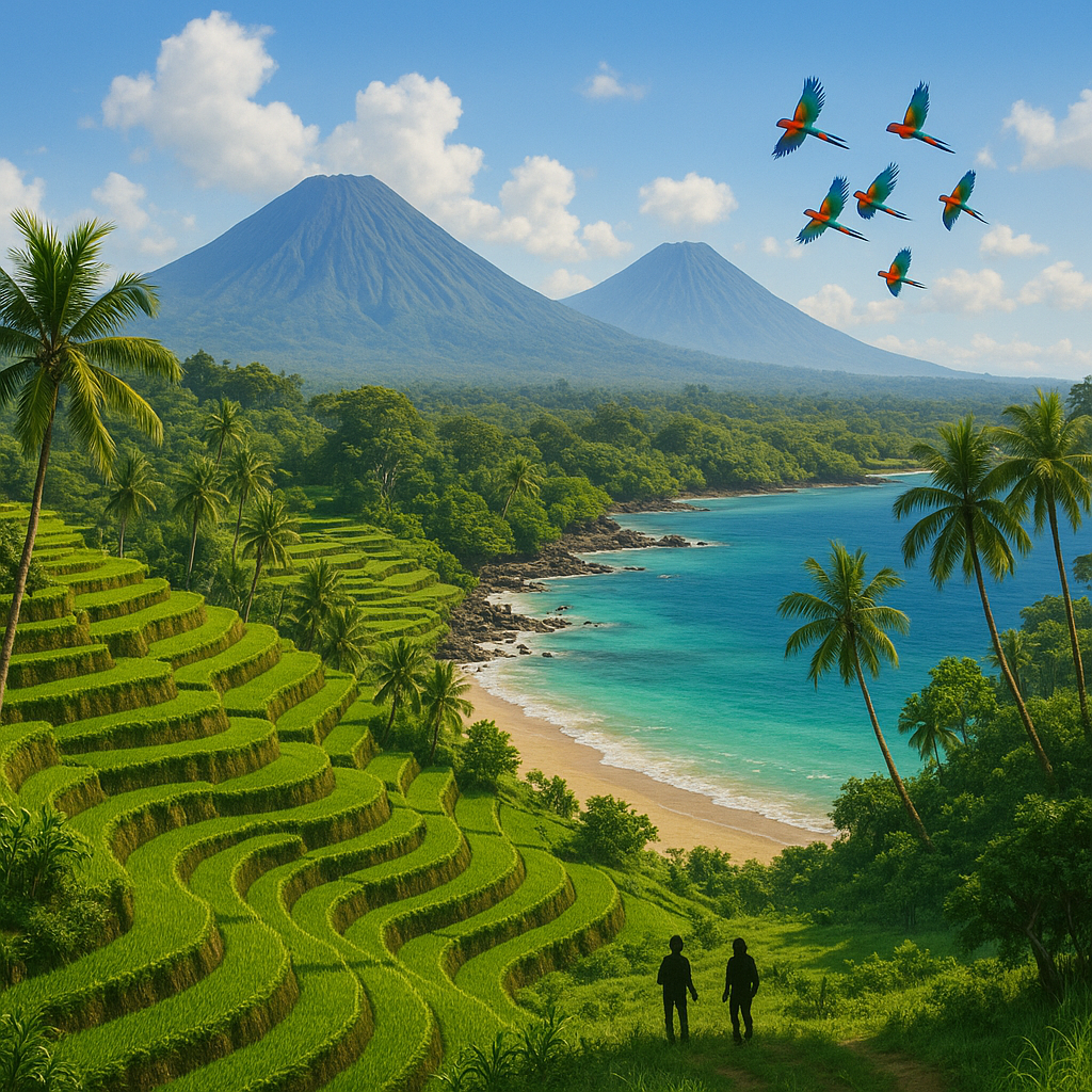 Paysage emblématique de l'Indonésie avec des rizières en terrasses, une plage tropicale, des volcans et une ambiance paisible.