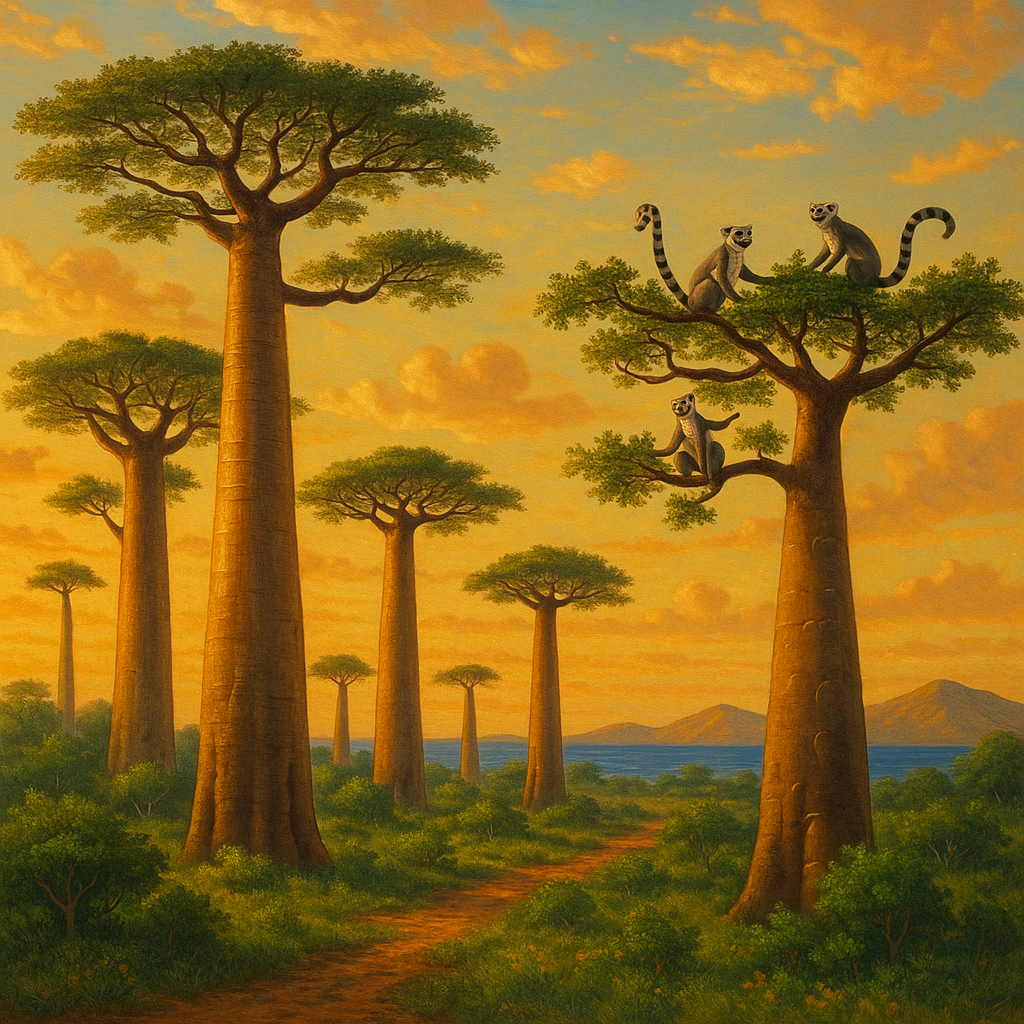 Paysage de Madagascar avec l'Allée des Baobabs au coucher de soleil.