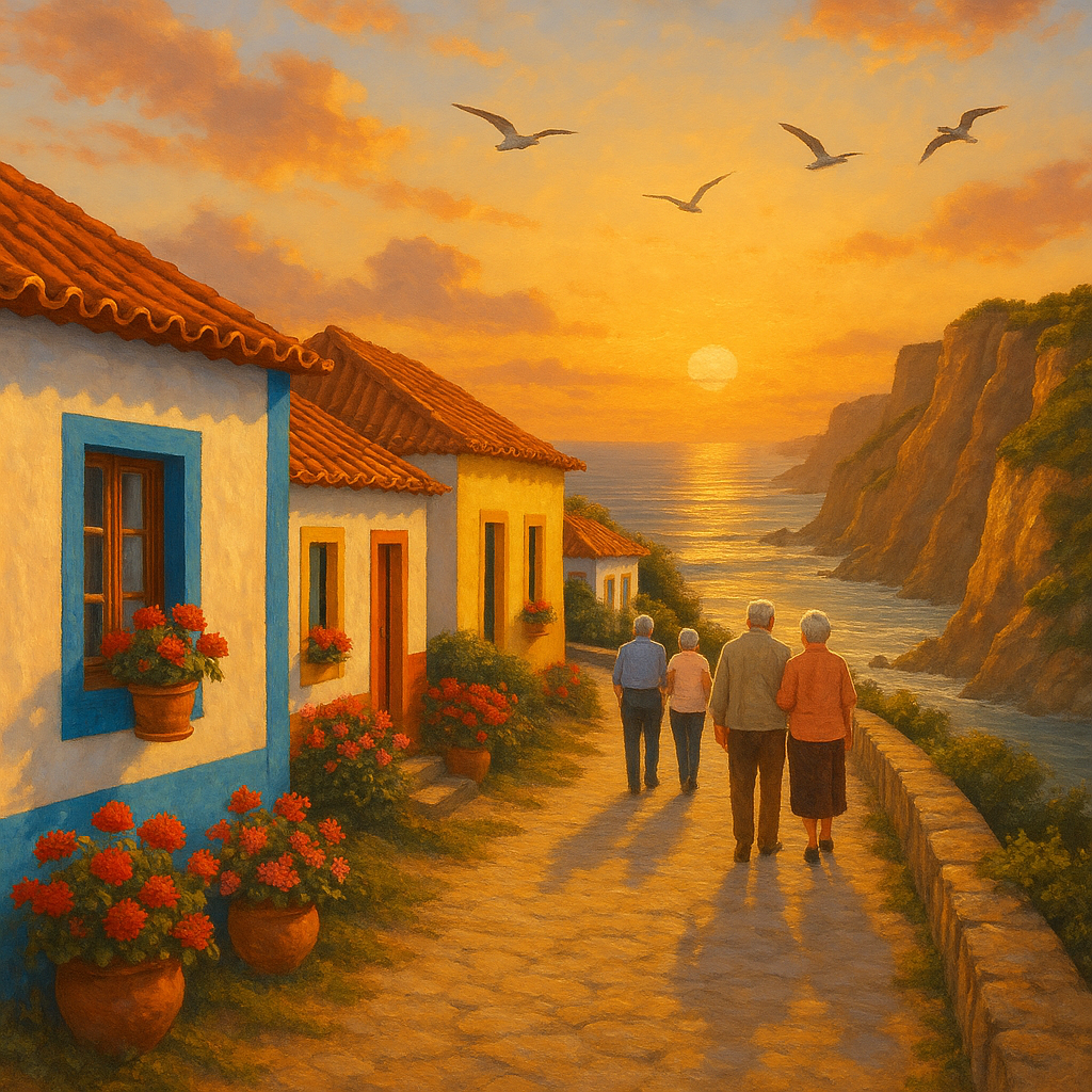 Paysage côtier du Portugal au coucher de soleil, retraités se promenant le long de la mer.