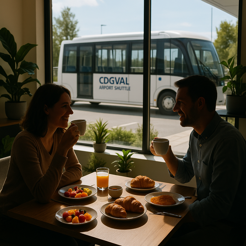 Couple prenant un petit-déjeuner dans un hôtel près de l'aéroport Charles de Gaulle avec une ambiance chaleureuse.
