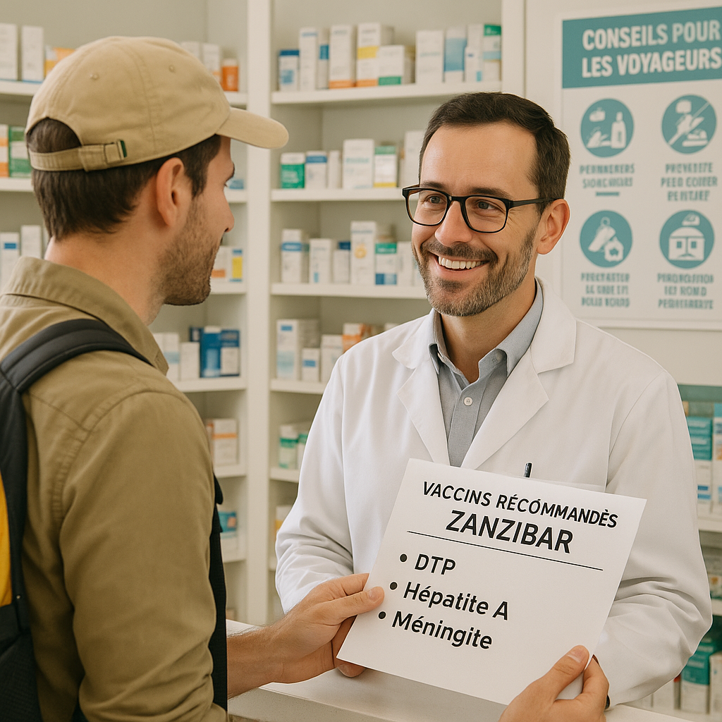 Pharmacien aidant un voyageur à choisir des vaccins avant un voyage à Zanzibar.