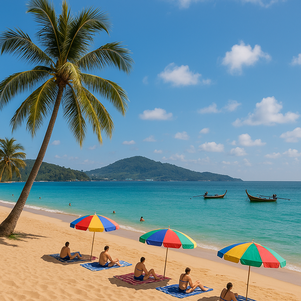 Scène de plage ensoleillée à Phuket, Thaïlande avec des palmiers, du sable doré et des bateaux traditionnels.