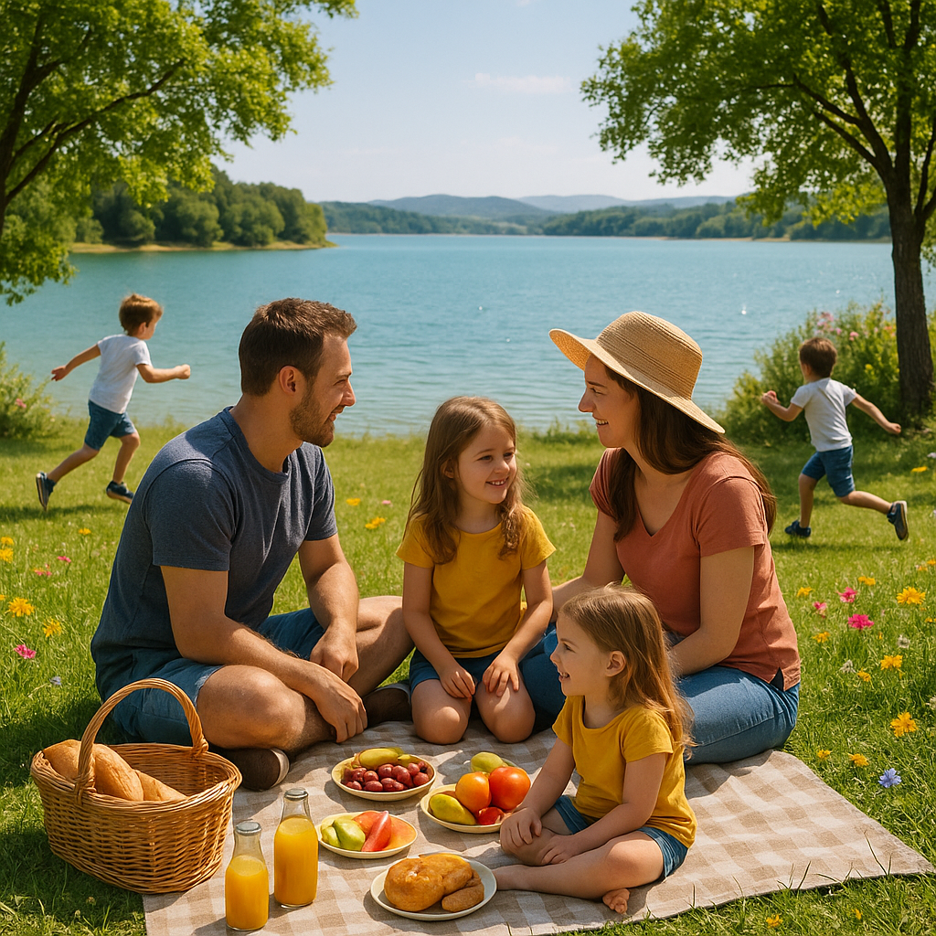 Scène de pique-nique au bord du Lac de Montbel avec une famille, panier de pique-nique et enfants jouant à proximité.