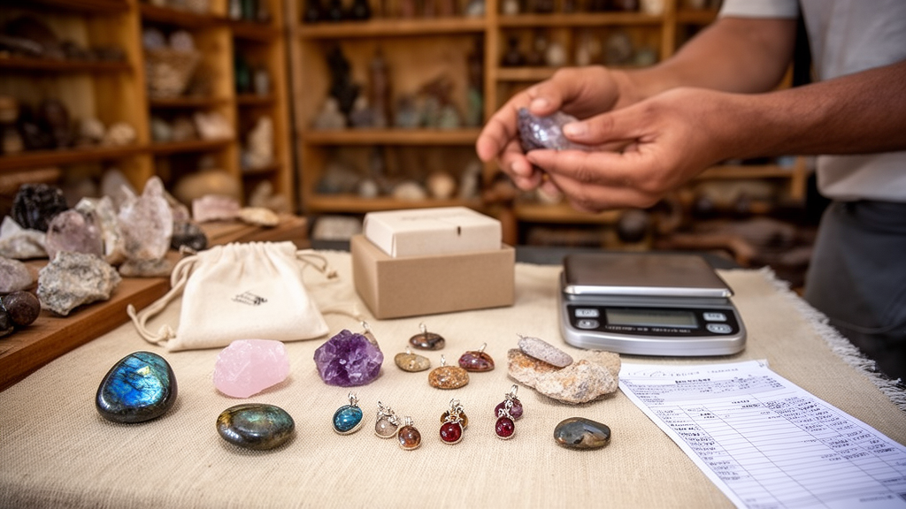 Pierres semi-précieuses de Madagascar présentées dans une boutique artisanale avec labradorite, quartz rose et améthyste.