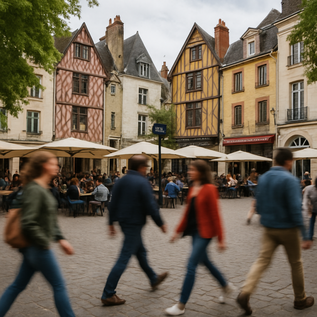 Scène animée à la Place Plumereau à Tours, France, avec des terrasses de cafés et des piétons.