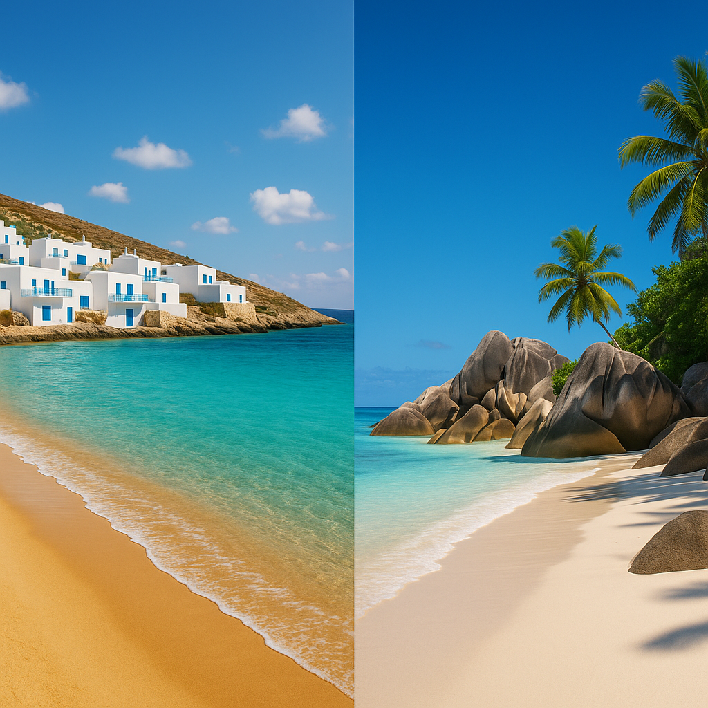 Plage des Cyclades à gauche avec sable doré et eaux turquoise, et plage des Seychelles à droite avec sable blanc et formations rocheuses.