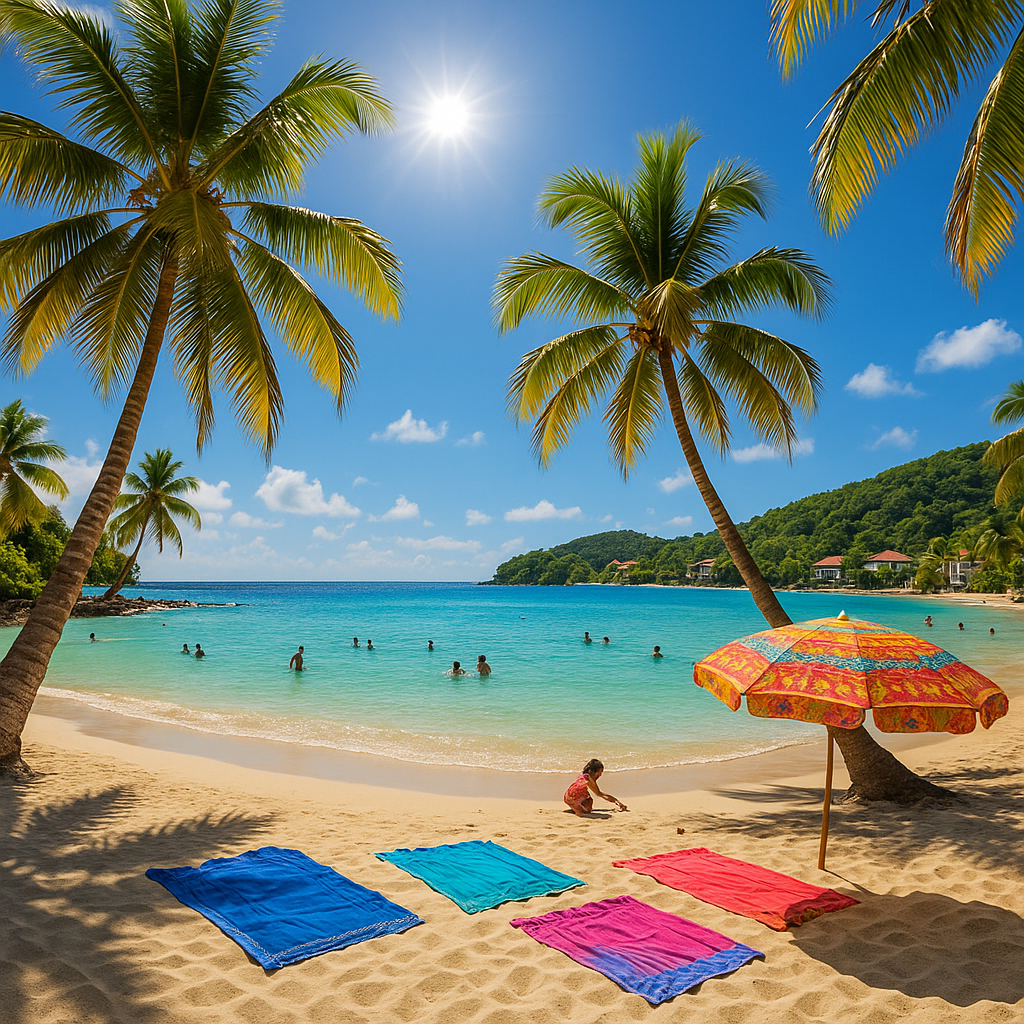 Plage de Guadeloupe avec palmiers, eau turquoise, et maisons créoles, représentant une destination idéale pour des vacances ensoleillées.