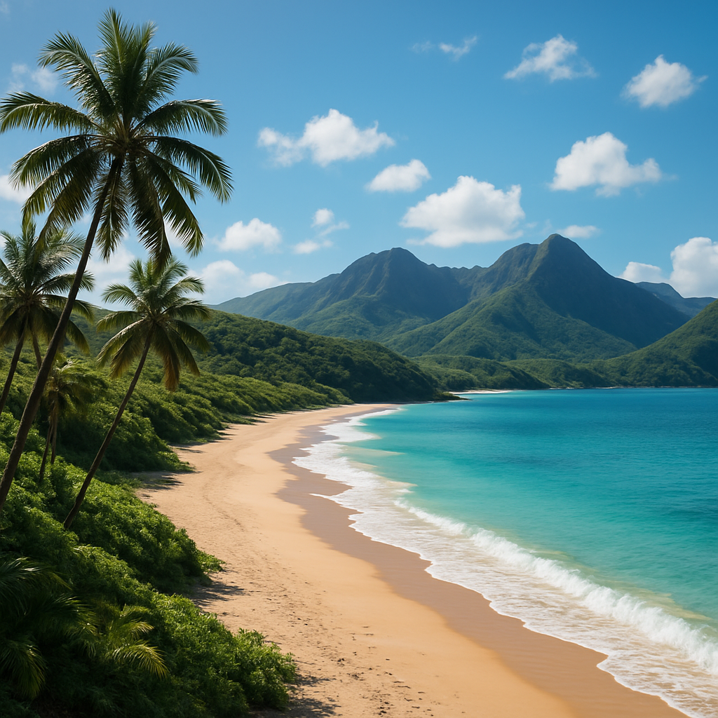 Une plage déserte aux eaux turquoise entourée de collines verdoyantes, représentant la tranquillité et la beauté naturelle des destinations méconnues.