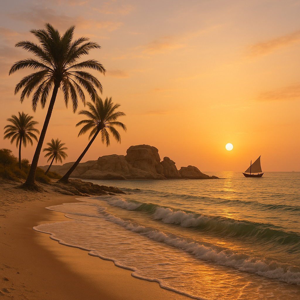 Plage sereine du Qatar au crépuscule avec vagues et bateaux traditionnels.