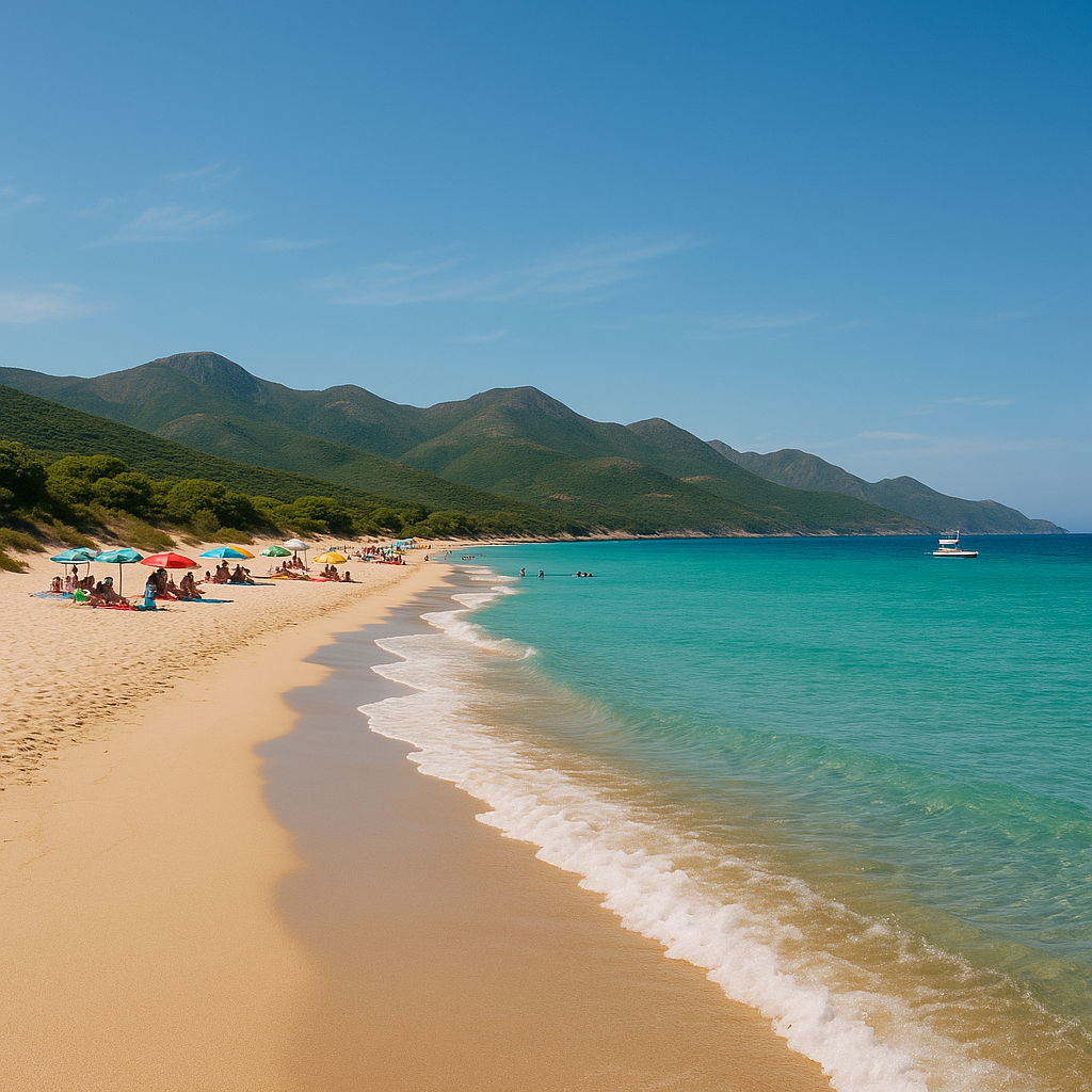Plage de Saleccia dans le désert des Agriates en Corse avec sable doré, vagues, montagnes en arrière-plan et groupes de personnes se reposant.