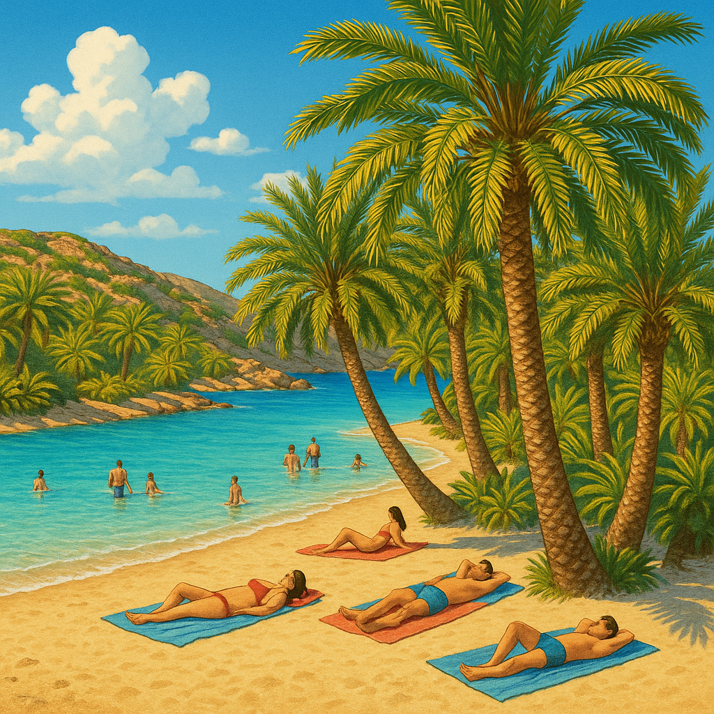 Plage de Vai en Crète avec palmiers et eaux claires, vacanciers au soleil