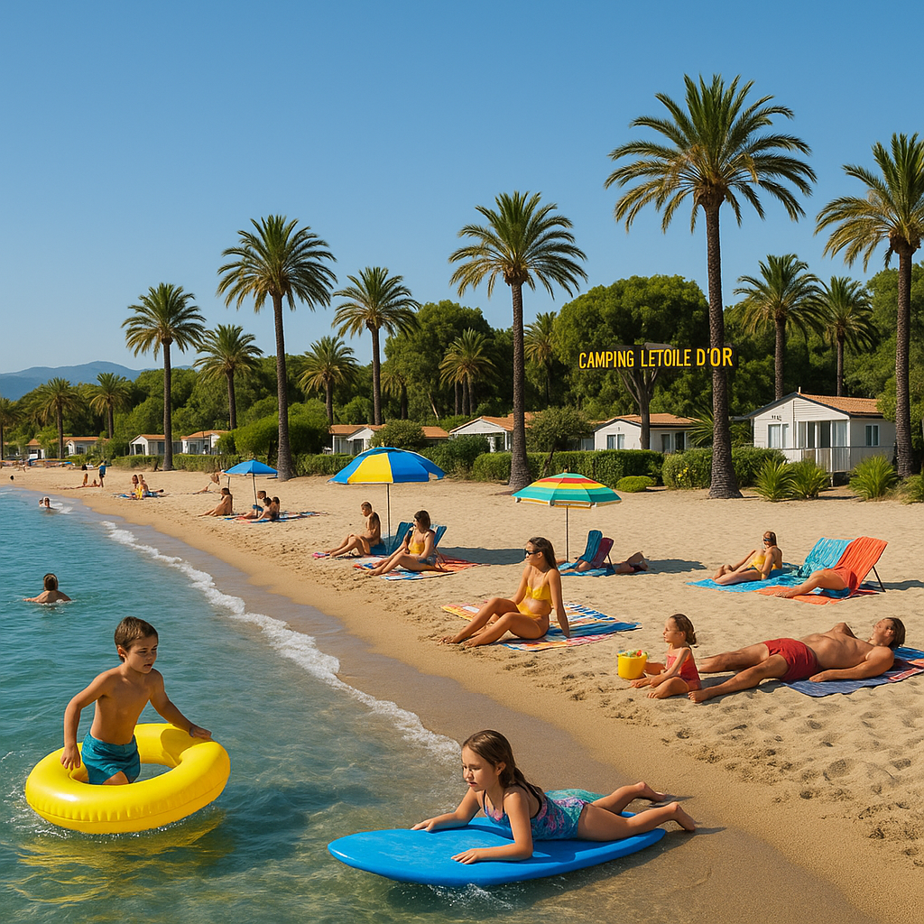 Vue d'une plage à Argelès-sur-Mer avec familles, enfants jouant et le Camping l'Étoile d'Or en arrière-plan.