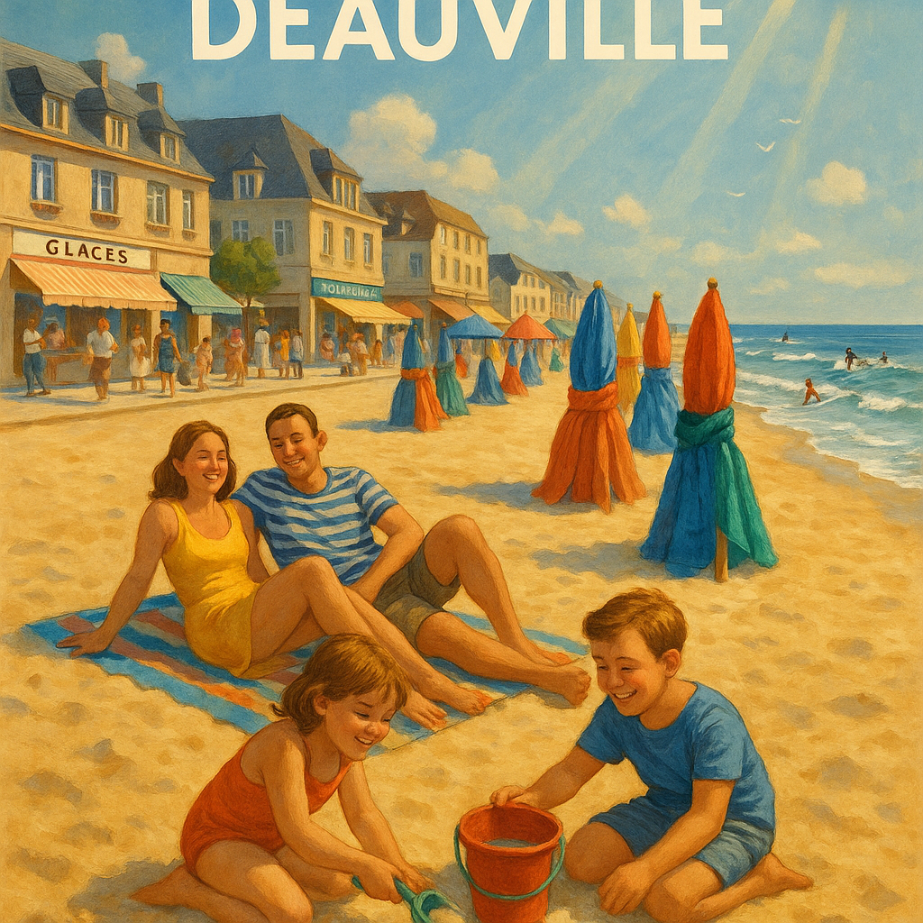 Scène de la plage de Deauville avec des familles jouant sous le soleil et des cabanas colorées.