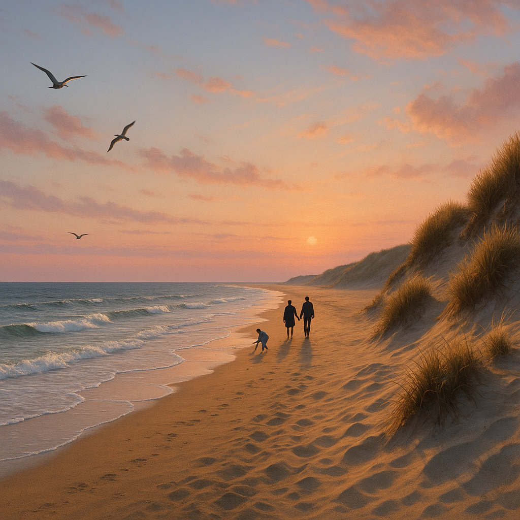 Plage secrète du Nord de la France au crépuscule, couple se promenant avec un enfant, dunes et vagues en arrière-plan.