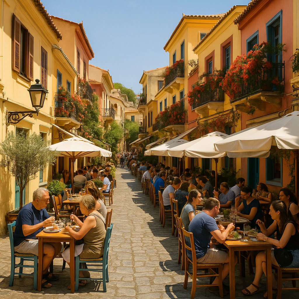 Scène de rue dans le quartier de Plaka à Athènes avec des bâtiments colorés et des visiteurs à des tables de café sous des parasols.